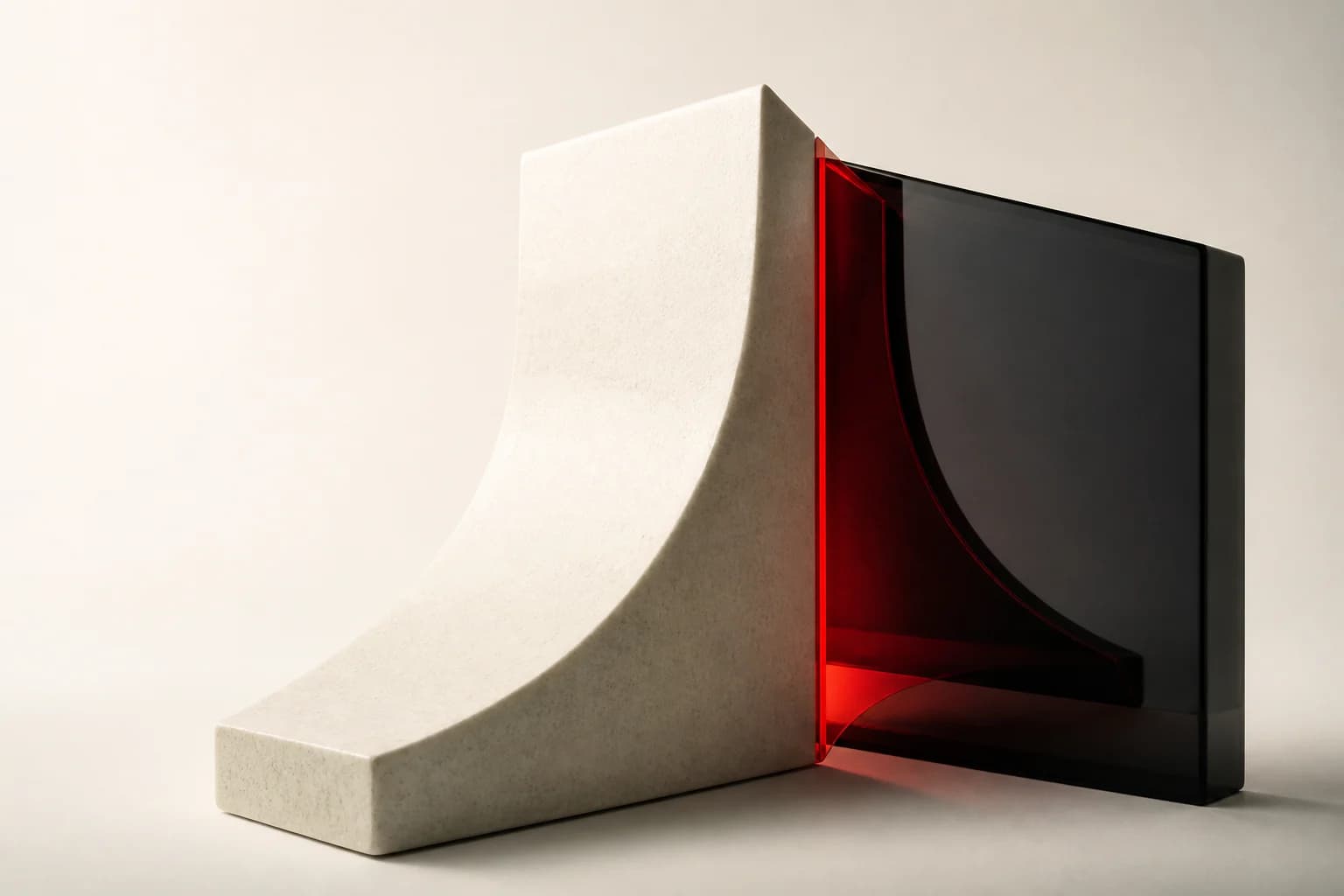 The Arthova object: a light and a dark surface become one working form through a red decision plane.